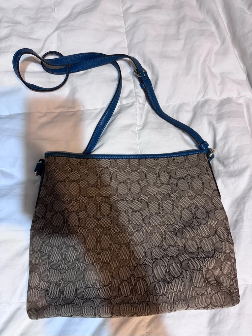 COACH Signature Canvas File Crossbody Bag Brown & Electric Blue Accent